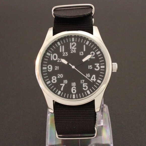 Men's Quartz Field Watch Silver Tone Case Black Military Strap 42mm - Picture 3 of 12